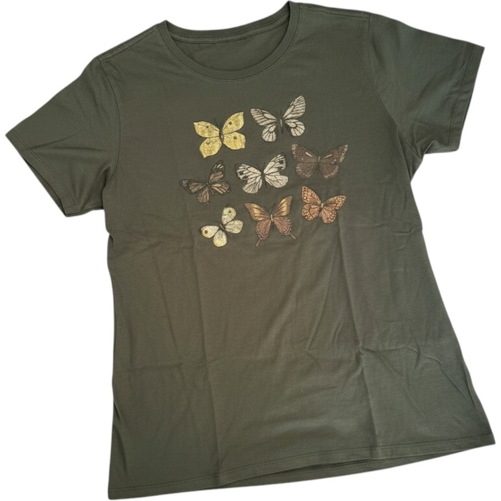 Port & Company Olive Green Butterfly Graphic T-Shirt Ring Spun Cotton Womens L